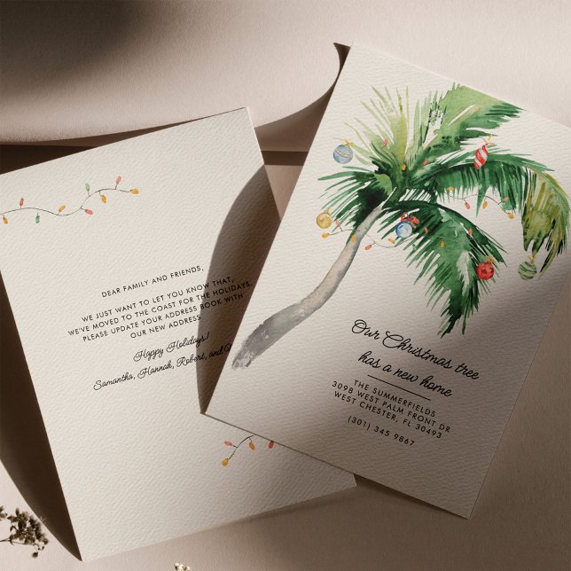 Jul Helgdag Träd Kustnära Flyttan Handflatan Meddelande (Palm Tree Coastal Holiday Moving Announcement)