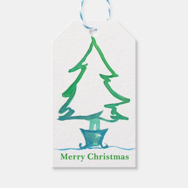 Jul Helgdag Träd Watercolor Presentetikett (Framsidan)