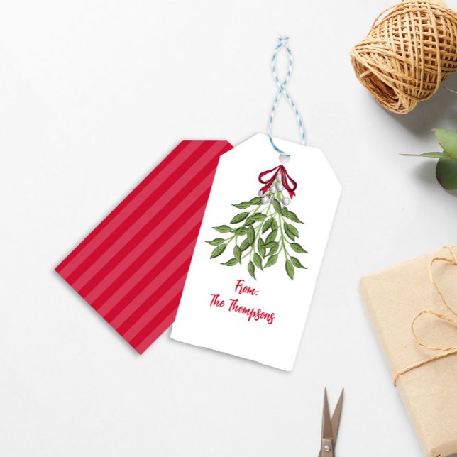 Jul Helgdag Vattenfärg Merry Mistletoe Cute Presentetikett (Christmas cute merry mistletoe holiday gift tag. With cute whimsical greenery. )