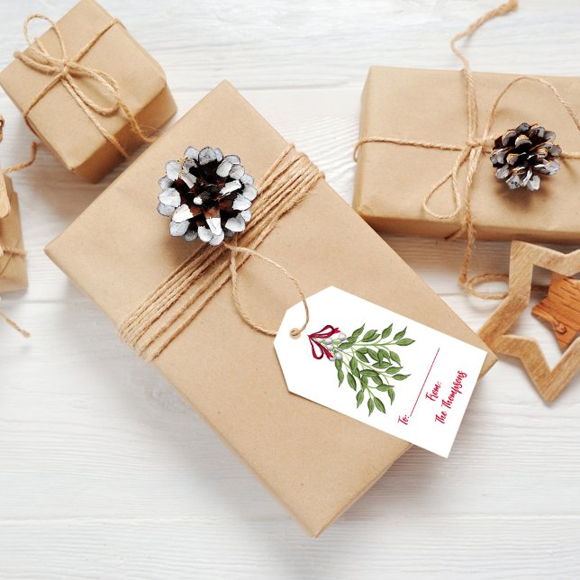 Jul Helgdag Vattenfärg Merry Mistletoe Cute Presentetikett (Christmas cute merry mistletoe holiday gift tag. to and from gift tag.)