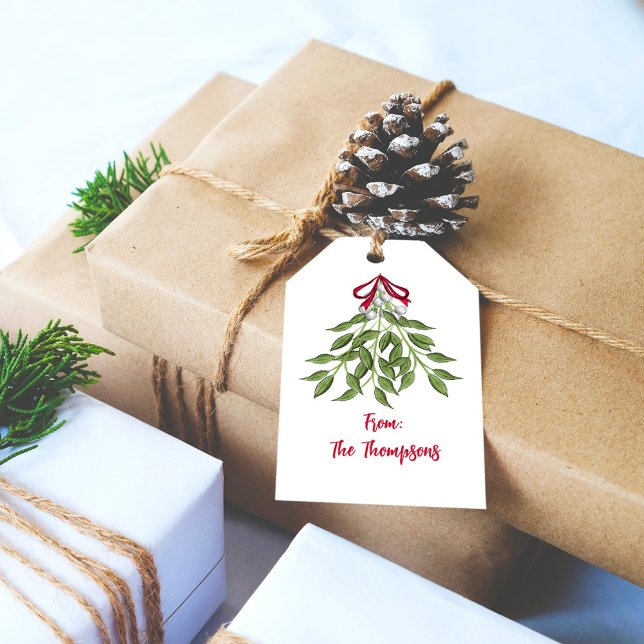 Jul Helgdag Vattenfärg Merry Mistletoe Cute Presentetikett (Christmas cute merry mistletoe holiday gift tag. )