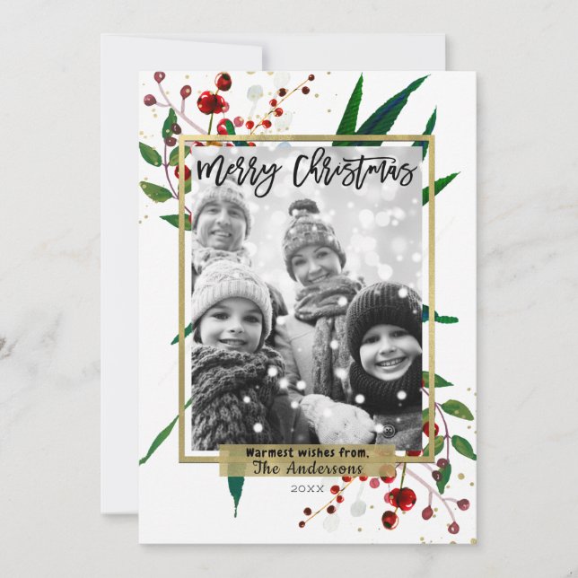 Jul Helgdag Vattenfärg Modern Blommigt Foto Julkort (Framsida)