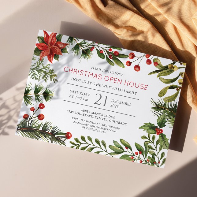 Jul Helgdag Watercolor Berries Greenery Anteckningskort (Christmas Open House Botanical Holiday Party Invitation)