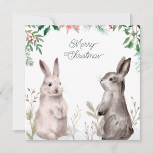 Jul Helgdag Watercolor Bunny. Kanin, Blommigt Julkort