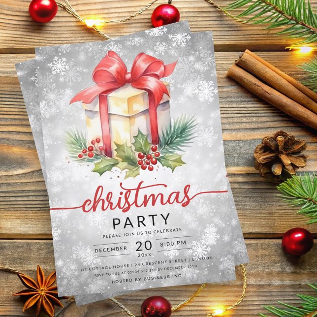 Jul Helgdag Watercolor Company Snö Silver Inbjudningar (Christmas Holiday Watercolor Company Snow Silver Invitation)