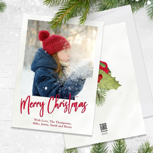 Jul Helgdag Winter Greenery Holly Photo Julkort (Merry Christmas Holly red calligraphy script and greenery photo card.)