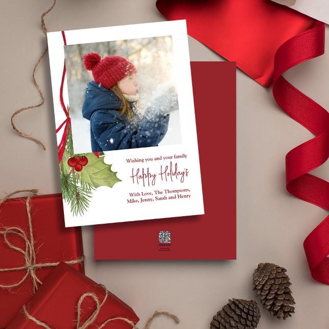 Jul Helgdag Winter Greenery Holly Photo Julkort (Merry Christmas Holly red calligraphy script and greenery photo card.)