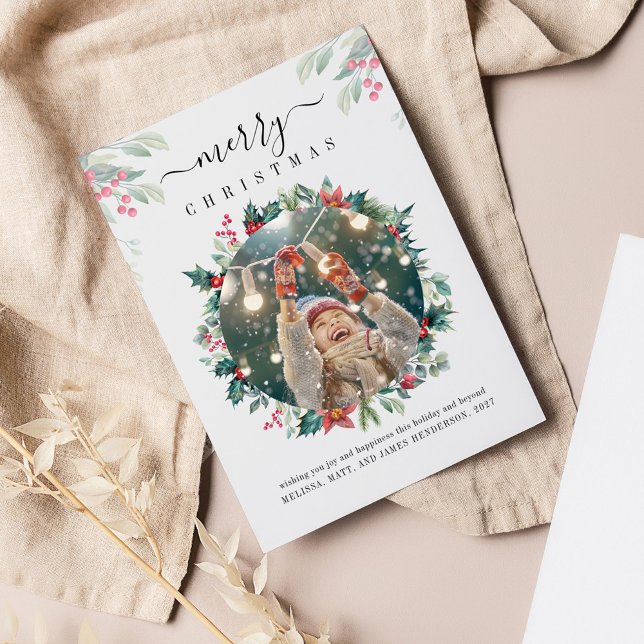 Jul-Helgdagar Photo Mistletoe Botanical Anteckningskort (Merry Christmas Red Berries Photo Greetings Card)