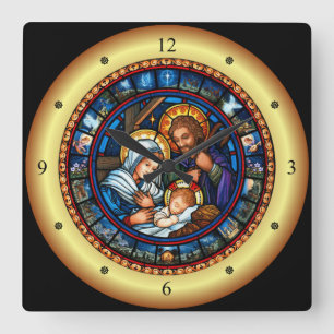 Jul ~ Heliga Family ~ Nativitet ~ * ~ Fyrkantig Klocka