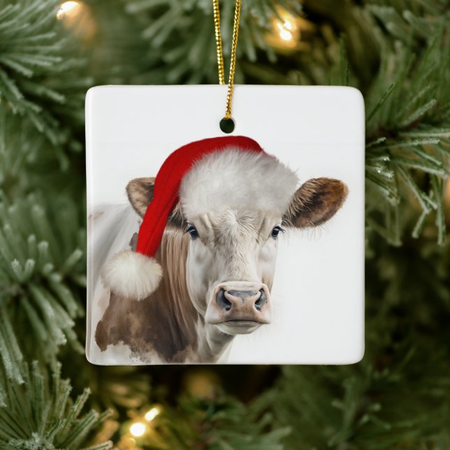 Jul Hereford Ko med Santa mössa Julgransprydnad Keramik (Träd)