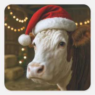 Jul Hereford Ko som bär en tomtehatt Fyrkantigt Klistermärke