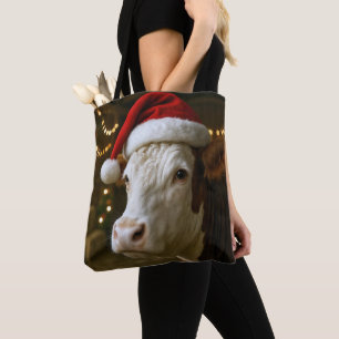 Jul Hereford Ko som bär en tomtehatt Tygkasse