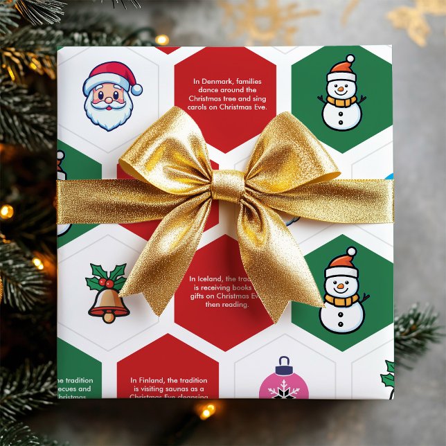 Jul Hexagon Santa Träd Snögubbe Ornament Icon Presentpapper (Christmas Hexagon Santa Tree Snowman Ornament Icon Wrapping Paper)