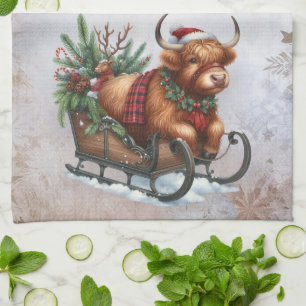 Jul Highland Cow Släd Kökshandduk