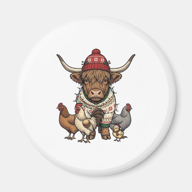 Jul Highland Ko och Kycklingar Vintage Gravyr Magnet (Framsidan)