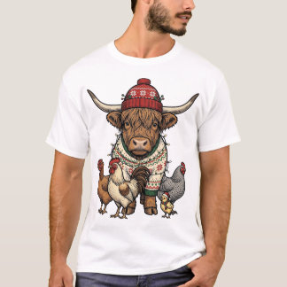 Jul Highland Ko och Kycklingar Vintage Gravyr T Shirt