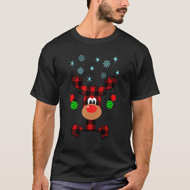 Jul Hjort Cute Red Buffalo Play Reindeer Mer T Shirt (Framsida)