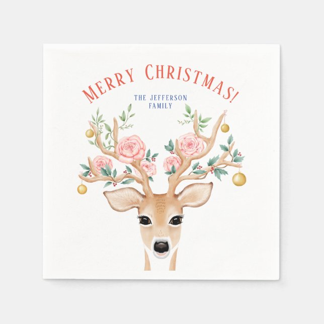 Jul Hjort Holly Flower Antlers Colorful Pappersservett (Framsidan)