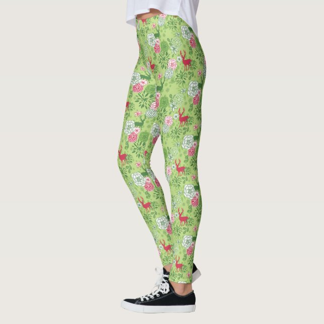 Jul Hjort och blomma Sömlöst Mönster Leggings (Vänster)
