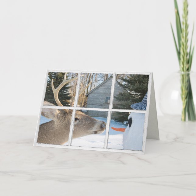 Jul hjort och snögubbe i fönster kort (Framsida)