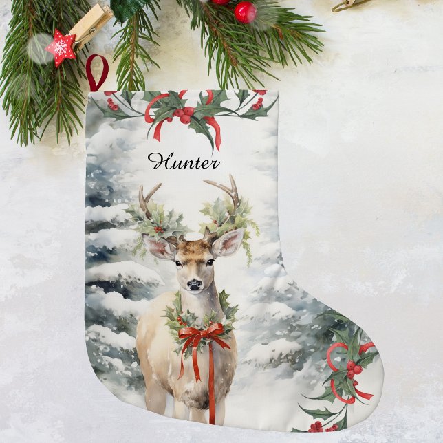 Jul Hjort Stocking, Perfekt Hunters Gift Stor Julstrumpa ( Christmas Deer Art Stocking, Rustic Woodland)