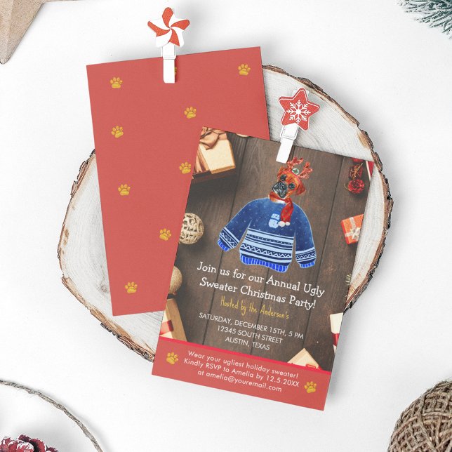 Jul Holiday Boxer Dog Fulstyg Tröja Party Inbjudningar (Front and Back)