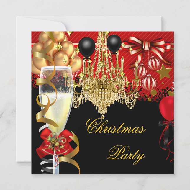 Jul Holiday Champagne Party Röd Guld Svart 2 Inbjudningar (Framsida)