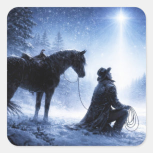 Jul Holiday Cowboy och häst North Star Fyrkantigt Klistermärke