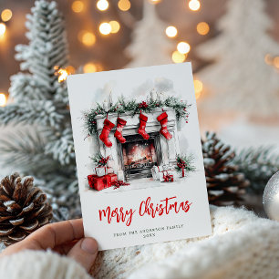 Jul Holiday Festiv Öppen Spis Vattenfärg Julkort