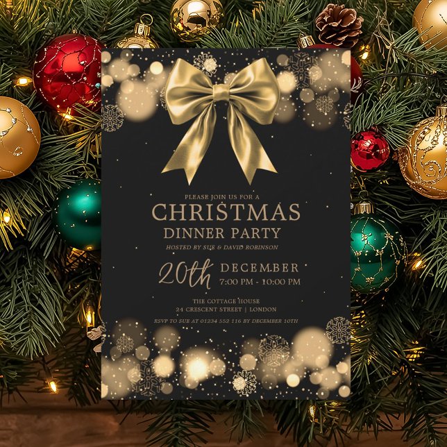 Jul Holiday Middag Julfest Vinter Guldslinga Inbjudningar (Christmas Holiday Dinner Party Winter Gold Bow Invitation)