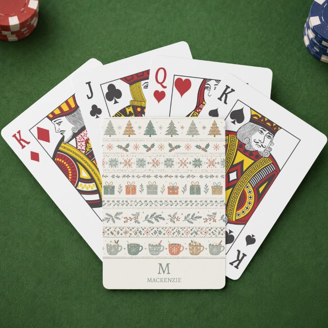 Jul Holiday Mönster Monogram Casinokort (elegant cozy hygge festive christmas holiday playing cards with custom monogram initial and name)
