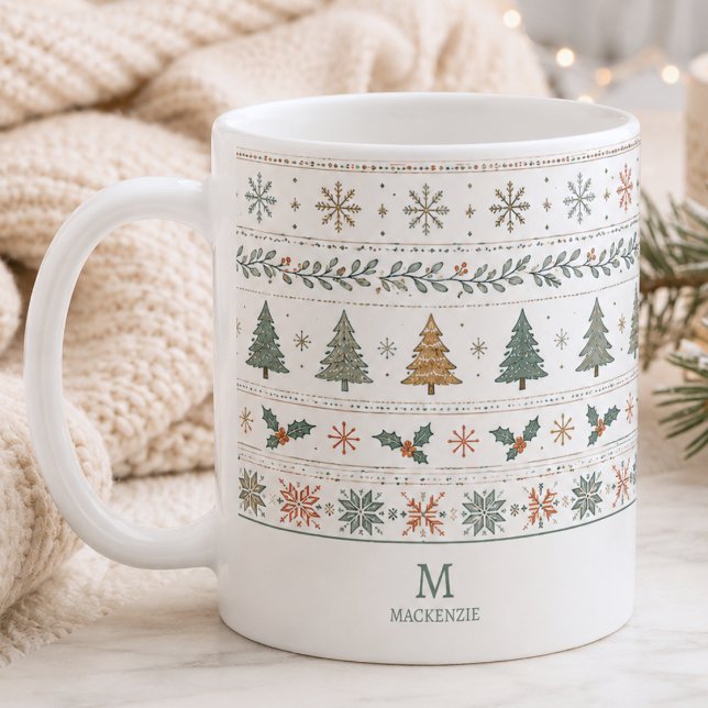 Jul Holiday Mönster Monogram Kaffemugg (elegant cozy hygge Christmas winter holiday pattern mug with custom monogram initial and name)