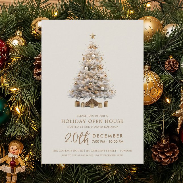 Jul Holiday Öppet Hus Guld Xmas Träd  Inbjudningar (Christmas Holiday Open House Gold Xmas Tree Invitation)