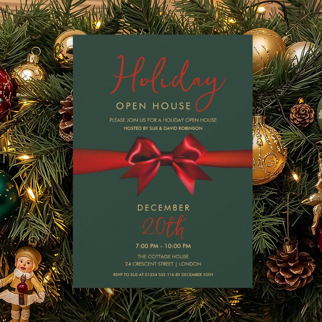 Jul Holiday Öppet Hus Röd Bowle Grön  Inbjudningar (Christmas Holiday Open House Red Bow Green Invitation)