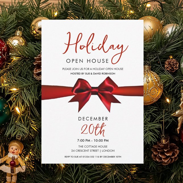Jul Holiday Öppet Hus Röd Slöja  Inbjudningar (Christmas Holiday Open House Red Bow Invitation)
