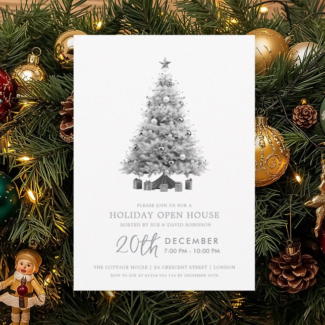 Jul Holiday Öppet Hus Silver Julgran  Inbjudningar (Christmas Holiday Open House Silver Xmas Tree Invitation)