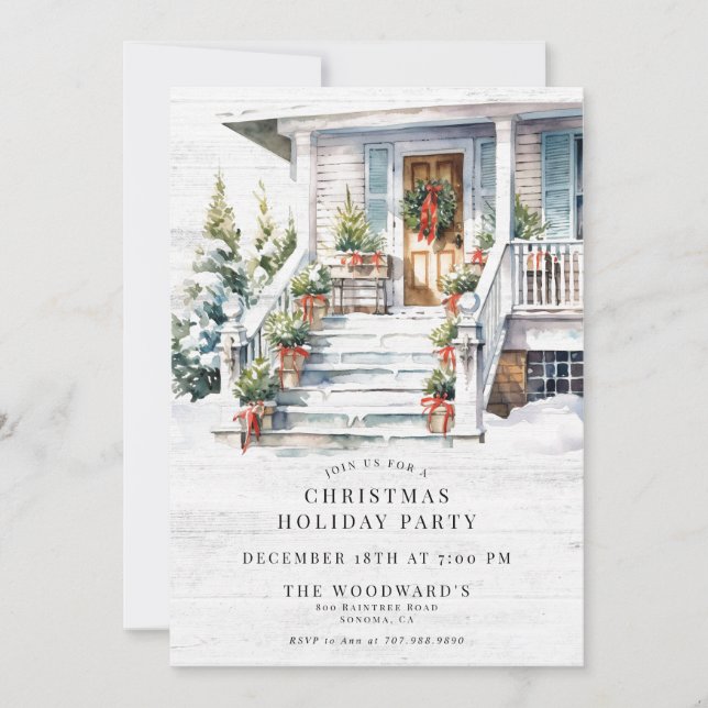 Jul Holiday Party Watercolor Hus Inbjudningar (Framsida)