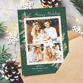 Jul Holly Berries Classic Red Grönt 3 Photo Julkort