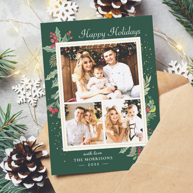 Jul Holly Berries Classic Red Grönt 3 Photo Julkort (Example)