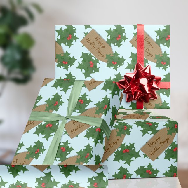 Jul Holly Berries Helgdag Wrapping Papper Presentpapper (Happy Holidays and happy holly days. You can change the text on this Christmas wrapping paper)