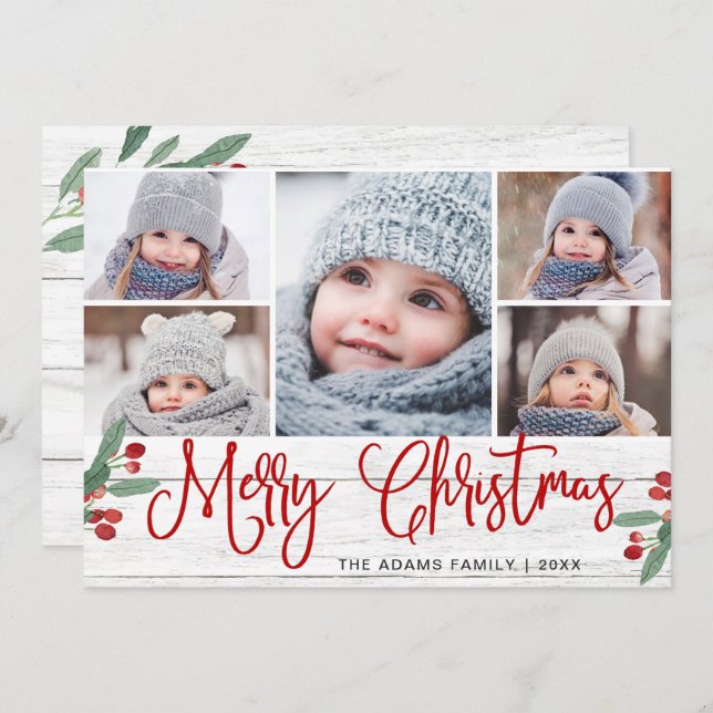 jul Holly Berry Rustic 5 PHOTO Hälsning Julkort (Fram/baksida)