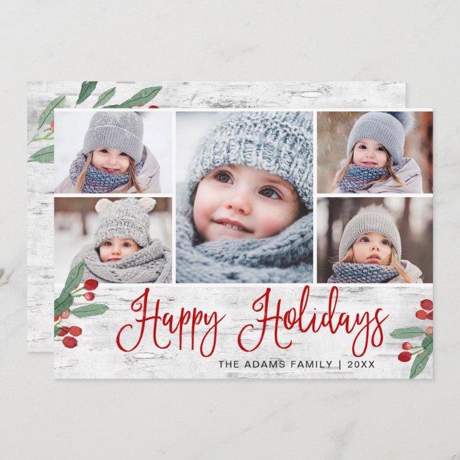 Jul Holly Berry Rustic Birch 5 PHOTO Julkort (Fram/baksida)