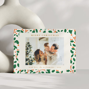 Jul Holly Botanical Greenery Two Photo Retro Julkort