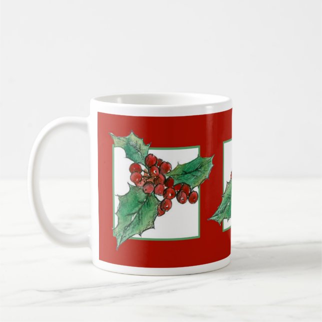 Jul Holly Botanical Plant Teckning Red Kaffemugg (Vänster)