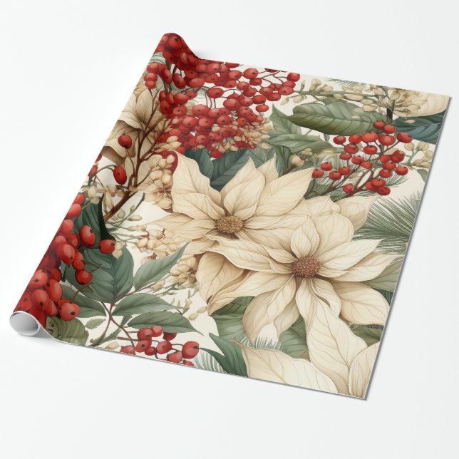 Jul Holly Flowers Wrapping Papper Presentpapper (Utrullad)