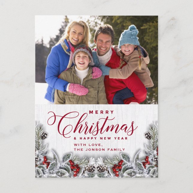 Jul Holly Gräs Rustic Photo Julhälsningar Vykort (Framsida)