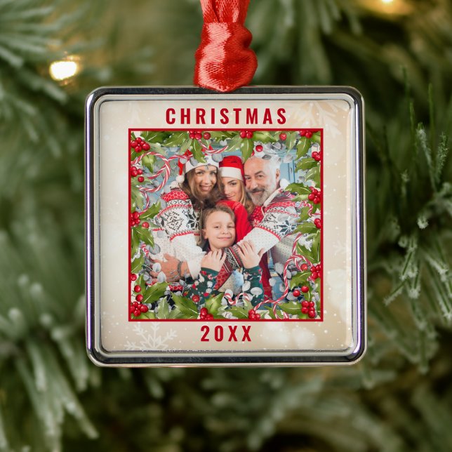 Jul Holly Gren Photo Pewter Ornament (Träd)