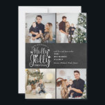 Jul Holly Jolly Chalkboard 4 Photo Collage Julkort<br><div class="desc">En elegant Holly Jolly 4-fotokollage-helgdag som gör att du kan anpassa dig med dina favoritfoton,  meddelanden,  namn och år på en kalkylbords bakgrund. De omvända funktionerna som faller snöflingor på en matchande kritersbakgrund. Designad av Thisisnotme©</div>