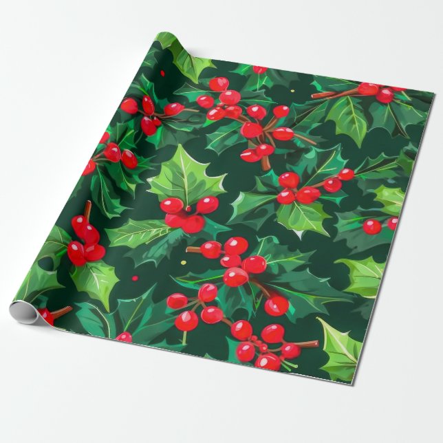 jul Holly Löv och Berries Mönster Presentpapper (Utrullad)