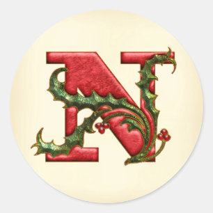 Jul Holly Monogram N kuvert Seals Runt Klistermärke